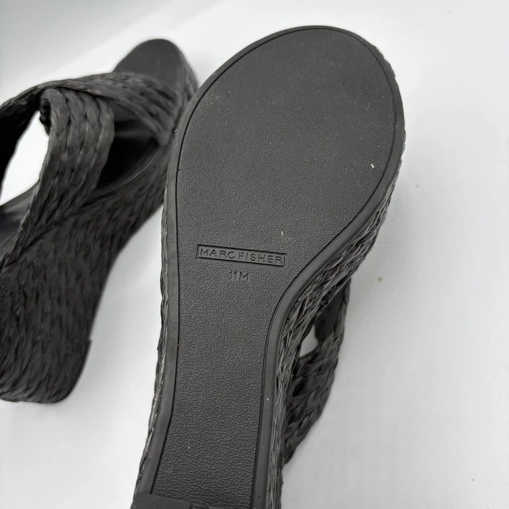 Marc Fisher Flynn Black Woven‎ Raffia Platform Wedge Sandals Womens Size 11M